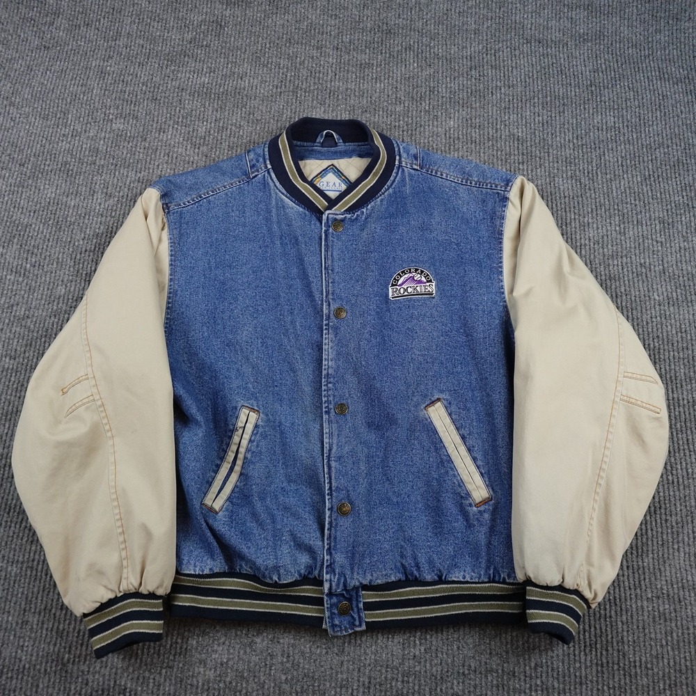 Vintage Colorado Rockies Jacket Mens Large Blue MLB Gear For Sports Denim Snap